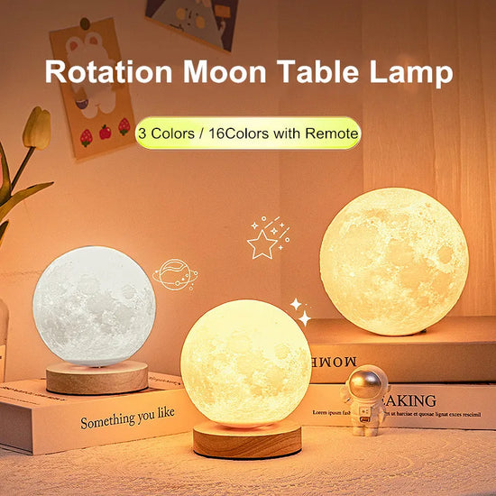 Rotating Moon Lamp on oak wood base glowing in a bedroom
